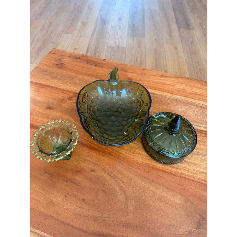 Indiana Glass Vintage "Avocado Green" Fruit and Candy Dishes 3 Pieces
